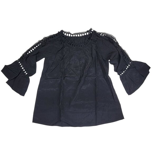 Blouse Black Cold Shoulder Bell Open Lace Sleeve Womens Med New in Bag - Picture 1 of 7